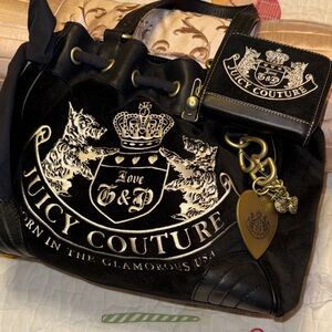 Juicy Couture Black Velvet Tote with Cream Embroidered Crest and Gold Charm